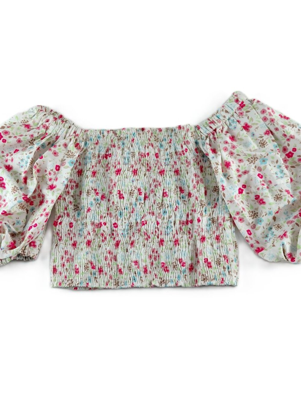 Sokie Collective Puff Sleeve Smocked Crop Top Women's Medium Greenwich Floral